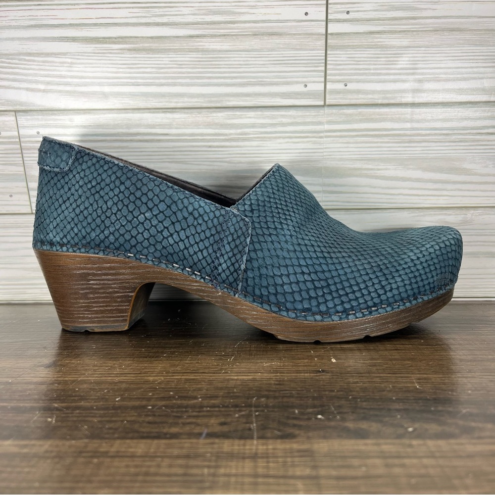 Dansko Teal Snake-Embossed Leather Clog